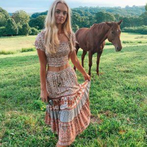 Orange Poppy Boho Floral Print Midi Skirt